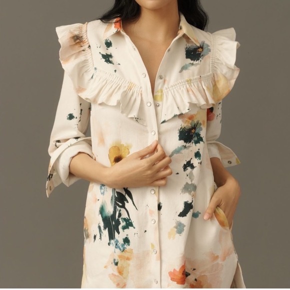 Anthropologie Dresses & Skirts - Anthropologie Pilcro Floral Ruffle Neck Shirt Dres Oyster Pattern XXS New W/ Tag